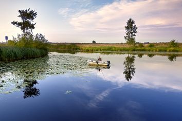 Angler sitzt im Boot auf der Eider