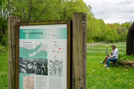 Zwei Radfahrende pausieren an einer Infotafel vom Ochsenweg.