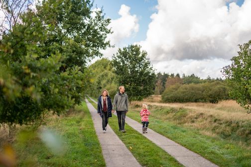 Familie wandert auf einem Weg