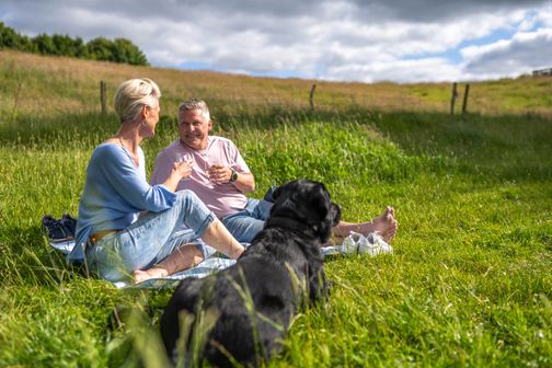 Ein Paar picknickt im Grünen
