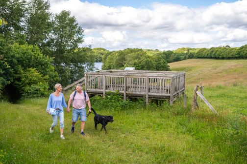 Pärchen mit Hund auf Wanderung