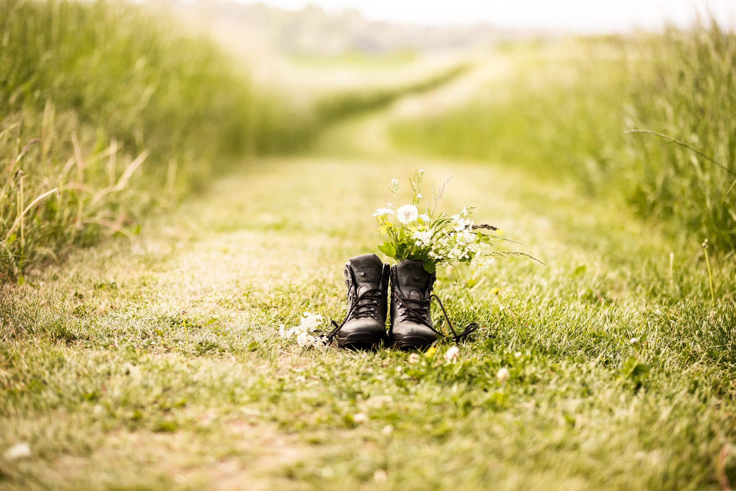 Wanderschuhe auf einem Feld