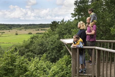 Familie auf Aussichtsplattform und guckt in die Natur